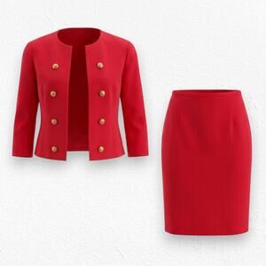 50s Vintage Red Open Front Double Breasted Blazer Pencil Skirt Wool Set Size 2